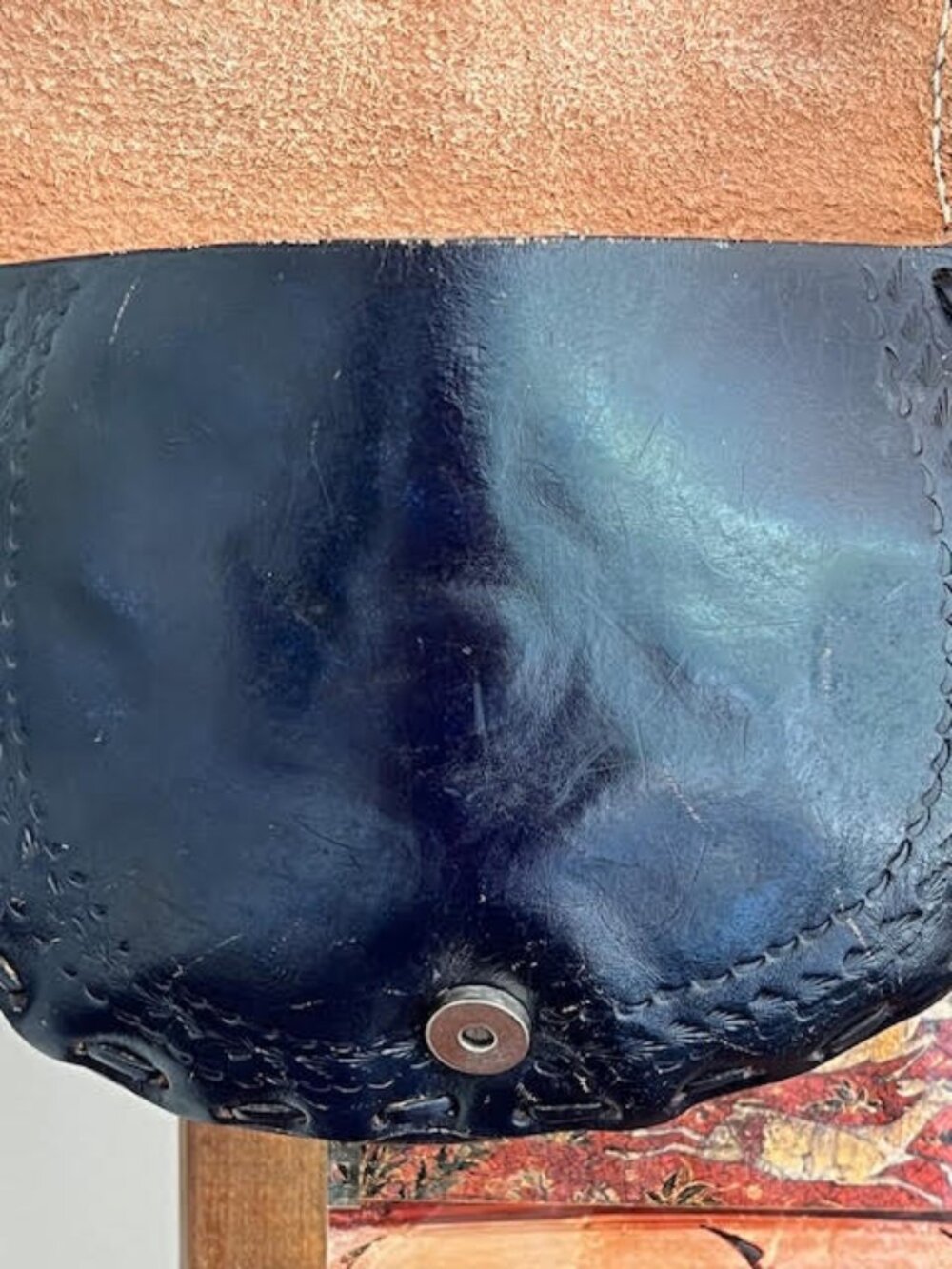 Hand-Painted Tooled Leather Bag with Semi-precious Inlaid Cabochon - Picture 6 of 10